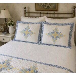 Vintage Pair Quilt Pillow Shams Blue Yellow Patchwork Star Floral Cottage 21x27